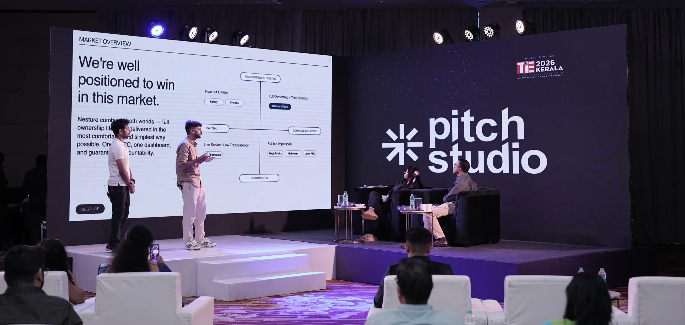 A founder pitching from the Pitch Studio stage